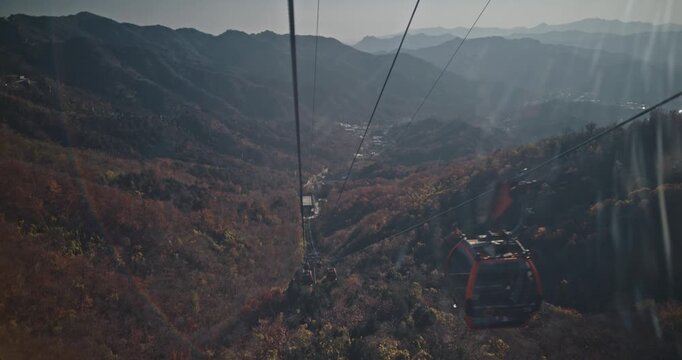 Aerial View of Cable Cars Over Autumnal Mountain Range