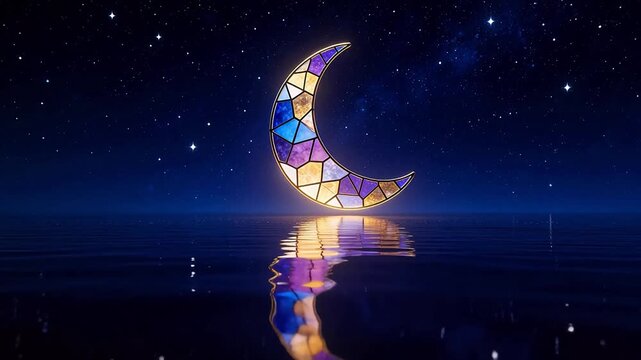Stained glass moon over water