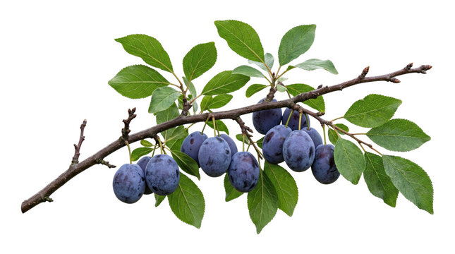 Ripe blue-purple plums hanging in clusters from a leafy branch against a transparent background, fresh fruit with green leaves and stems ready for harvest