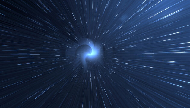 An abstract blue background features a bright star burst of digital fractal energy, creating a futuristic galaxy wallpaper with motion blur and light speed design elements