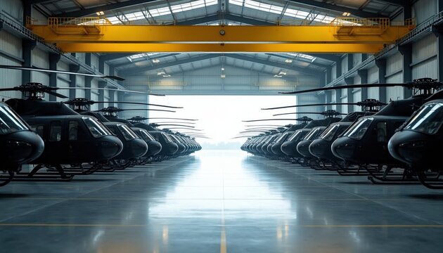 Rows of black helicopters parked inside large industrial hangar. Aircraft ready for service or transport. Modern aviation assembly line. Military airbase.