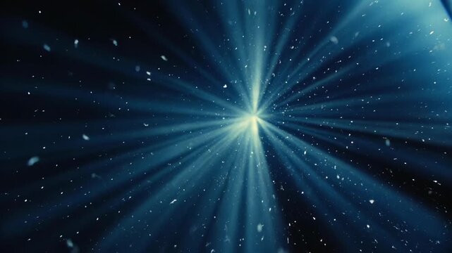 Blue cosmic light rays radiating outward with scattered particles on a dark background, concept of cosmic energy expansion