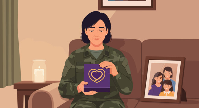 A Grieving Military Widow Holding a Purple Flower in Remembrance of Loss