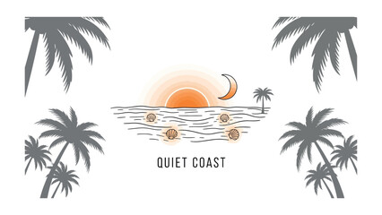 Fototapeta premium Quiet Coast Sunset: A serene coastal landscape unfolds with stylized palm trees framing a tranquil sea at sunset, featuring a crescent moon and radiating sun, evoking a sense of peace and tranquility.
