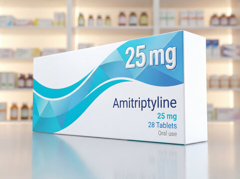 Amitriptyline 25 mg antidepressant medication box in a pharmacy setting
