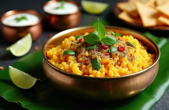 Yellow sabudana khichdi with cumin and curry leaves served in copper bowl. Garnished with herbs and chili flakes. Accompanied by yogurt dip and lime wedges. Savory Indian fasting food.