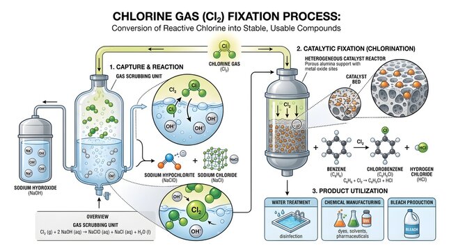 Chlorine Gas (Cl₂) Fixation Process: Capture of Reactive Chlorine from Industrial Streams, Absorption in Aqueous Media, Catalytic Conversion to Stable Chlorinated and Oxidized Products and Utilization