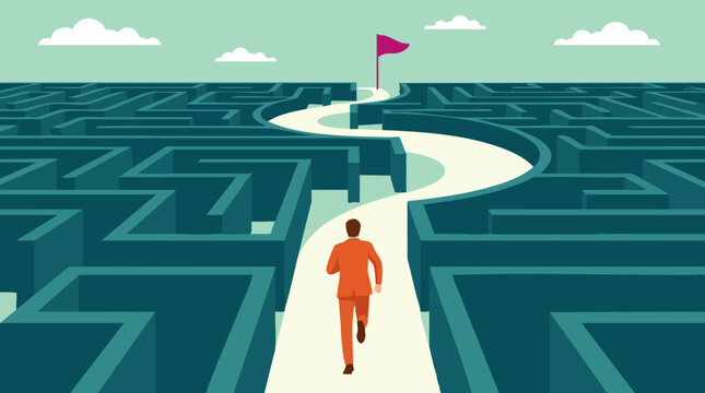 Man running on clear path through a maze towards a goal flag, business concept