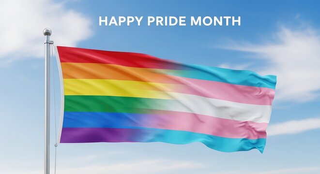 Transgender pride flag stripe blended smoothly onto a classic waving rainbow flag design background