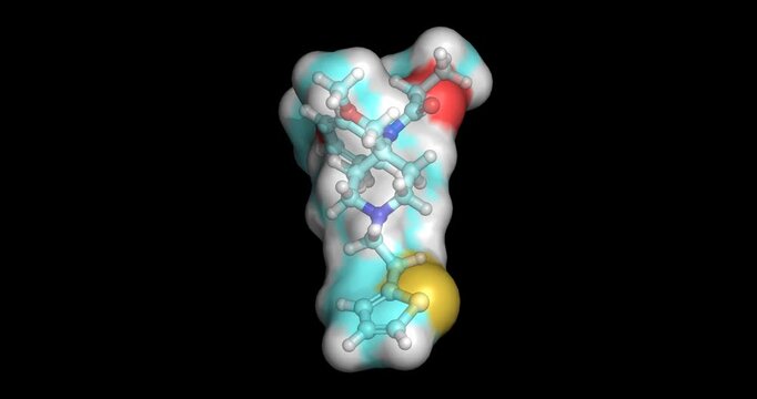 Sufentanil, synthetic opioid drug/thienyl analog of fentanyl for intensive care, 3D molecule spinning, 4K