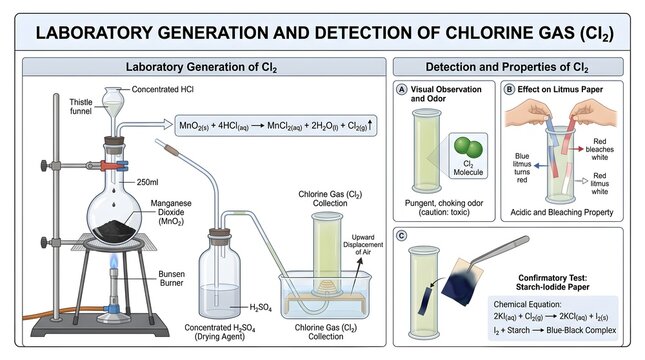 Laboratory Generation and Detection of Chlorine Gas (Cl₂): Step‑by‑Step Production from Hydrochloric Acid and Manganese Dioxide, Safe Gas Handling, Yellow‑Green Observation, Litmus and Starch&ndash;Iodide P