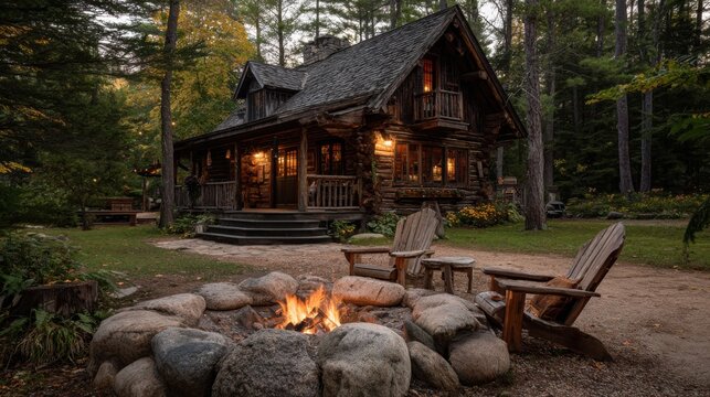 A log cabin in the woods with an outdoor fire pit and wooden chairs, with warm light coming from inside, surrounded by a large stone fire ring and tall trees in a pine forest

