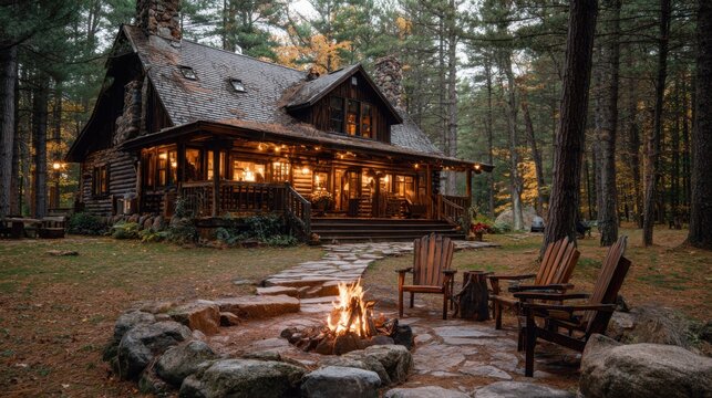 A log cabin in the woods with an outdoor fire pit and wooden chairs, with warm light coming from inside, surrounded by a large stone fire ring and tall trees in a pine forest
