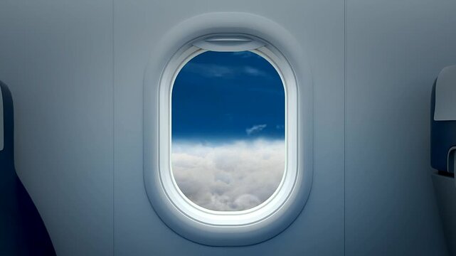 Commercial airplane window view above white clouds and deep blue sky inside modern aircraft cabin travel background