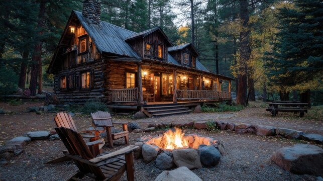 A log cabin in the woods with an outdoor fire pit and wooden chairs, with warm light coming from inside, surrounded by a large stone fire ring and tall trees in a pine forest
