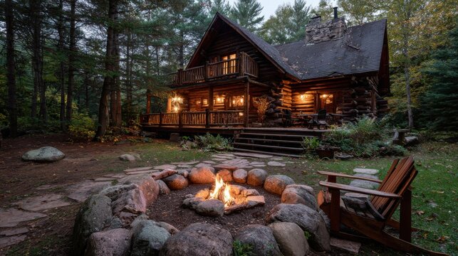 A log cabin in the woods with an outdoor fire pit and wooden chairs, with warm light coming from inside, surrounded by a large stone fire ring and tall trees in a pine forest
