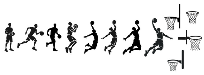 Basketball player slam dunk sequence, collection of basketball players actions in dribbling, jumping and dunking poses, basketball motion sequence silhouette vector set. © Rabiul graphic