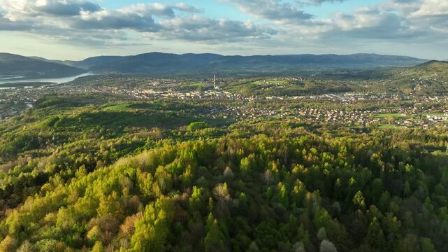 Orbital Drone View of Zywiec from Grojec Hill