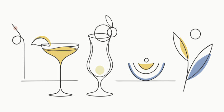 Minimalist cocktail and summer elements set with outlines, colored shapes, and line art drinks