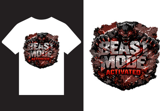 Beast Mode Aggressive Gym Typography T-Shirt Design with Savage Wolf Monster Illustration, Gym Typography T Shirt Design.