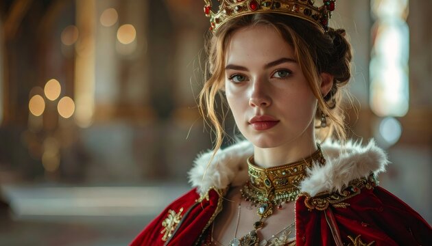Queen wearing crown and regal red velvet robe
