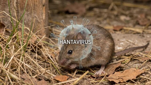 Hantavirus transmission by a rodent showing the Orthohantavirus pathogen. The concept of zoonotic disease, infection outbreak, and public health risk from a wild mouse