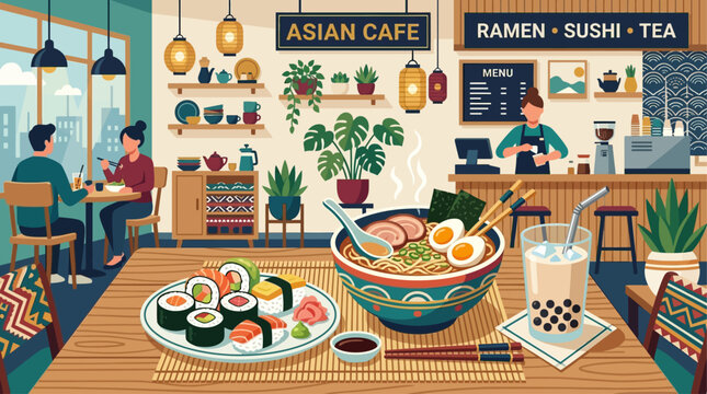 Vibrant Asian Cafe Scene Featuring Delicious Ramen, Sushi, and Bubble Tea with Patrons Enjoying Their Meals