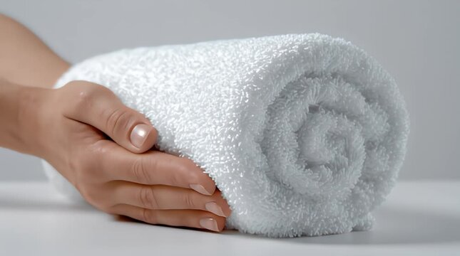 White rolled cotton towel presented by soft hands in a bright spa setting with a premium cinematic steady cam glide for wellness marketing