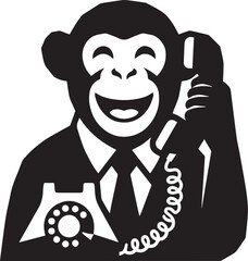 Happy cartoon monkey wearing a suit and tie holding a vintage telephone receiver to its ear © Tania Khatun