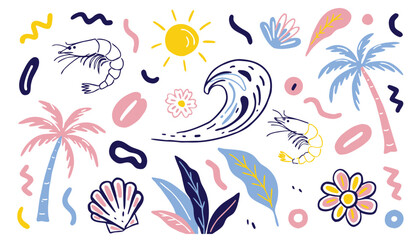 Summer beach theme illustration with palm trees, ocean wave, shrimp, sun, and colorful abstract elements © Sadhin07