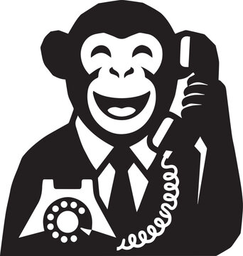 Happy cartoon monkey wearing a suit and tie holding a vintage telephone receiver to its ear