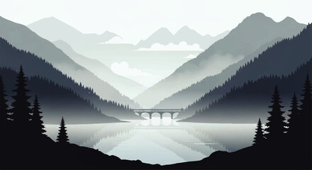 Serene mountain valley landscape with a calm lake and bridge, rendered in a vector flat design illustration style © denigraphic