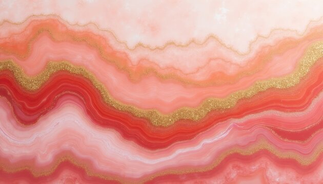 Abstract swirls of coral pink and red blend with shimmering gold glitter accents. Organic fluid waves create a luxurious, marbled texture resembling natural agate stone slices.