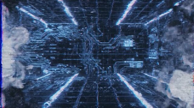 Digital circuit tunnel with abstract data glitch and blue light effects