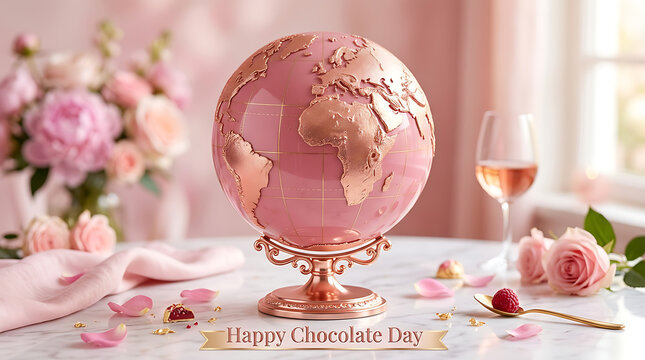 Pink globe sculpture with metallic copper continents on marble table for happy chocolate day celebration with roses and wine glass in luxury romantic setting for special occasion