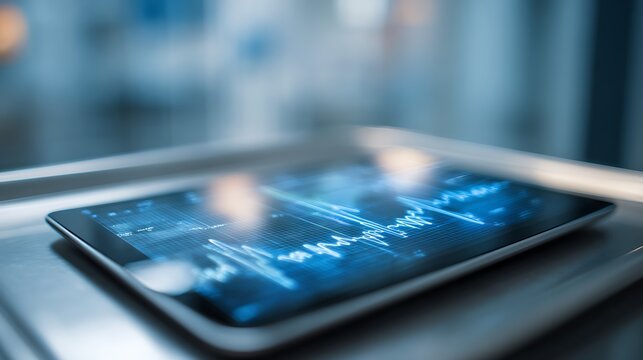 A close-up view of a tablet displaying a graph on its screen indoors.