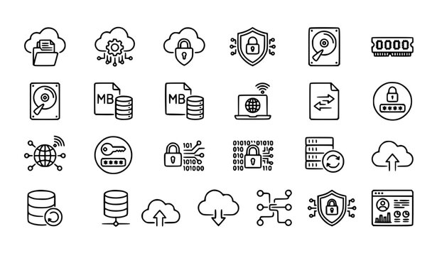 Cloud Technology Line Icon Set Featuring Storage Security Memory and Data Management Symbols