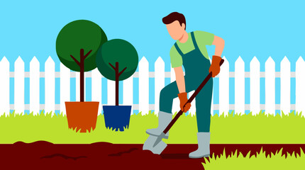 Man gardening and digging soil with a shovel in a green backyard © Pixelaraf