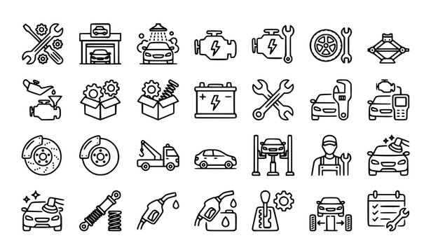 Car Service Line Icon Set Featuring Repair Engine Car Wash and Auto Parts Symbols