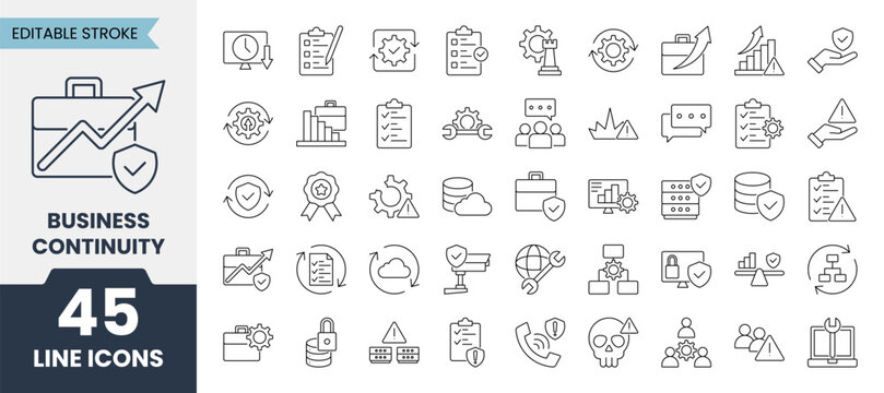 Business Continuity line icons set with editable stroke. Containing stability, strategy, solution, business, corporate, resilience and more. Vector illustration