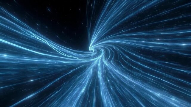 Flowing blue light trails forming a dynamic cosmic swirl on a dark space background, symbolizing speed and futuristic motion