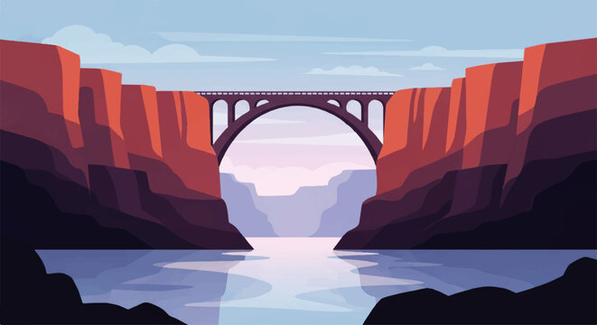 Vector flat design illustration of a majestic bridge spanning a grand canyon with a river flowing below at sunset
