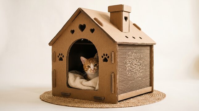 Sustainable pet playhouse crafted from 100% recycled corrugated cardboard, offering an eco-friendly and biodegradable shelter for cats and kittens.