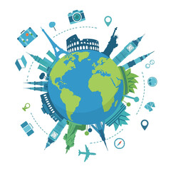 Naklejka premium Around the World Travel Icon: Globe with Famous Landmarks.