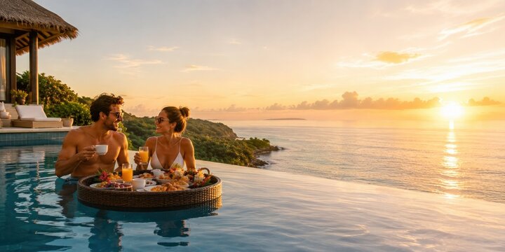 Romantic luxury breakfast in infinity pool at tropical sunrise with copy space, premium honeymoon vacation concept.