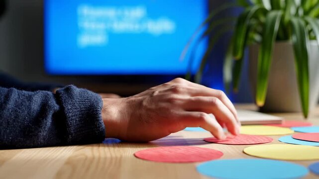 Close-up of a person's hand arranging colorful circular paper pieces on a wooden desk, with a computer screen in the background.