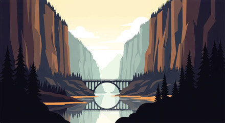 Vector flat design illustration of a scenic mountain canyon with a bridge over a calm river reflecting the sky © denigraphic
