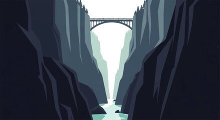 Vector flat design illustration of a dramatic bridge spanning a deep canyon with a river flowing © denigraphic