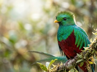 Fototapeta premium Resplendent Quetzal Bird Perched on a Mossy Branch in a Lush Forest