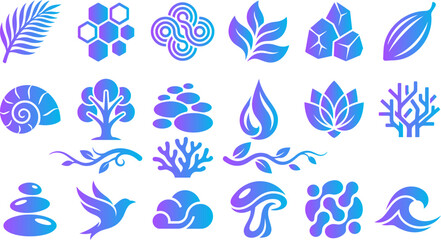 Natural elements icons set palm honeycomb waves leaf crystal bean shell tree stones. © Creative BD